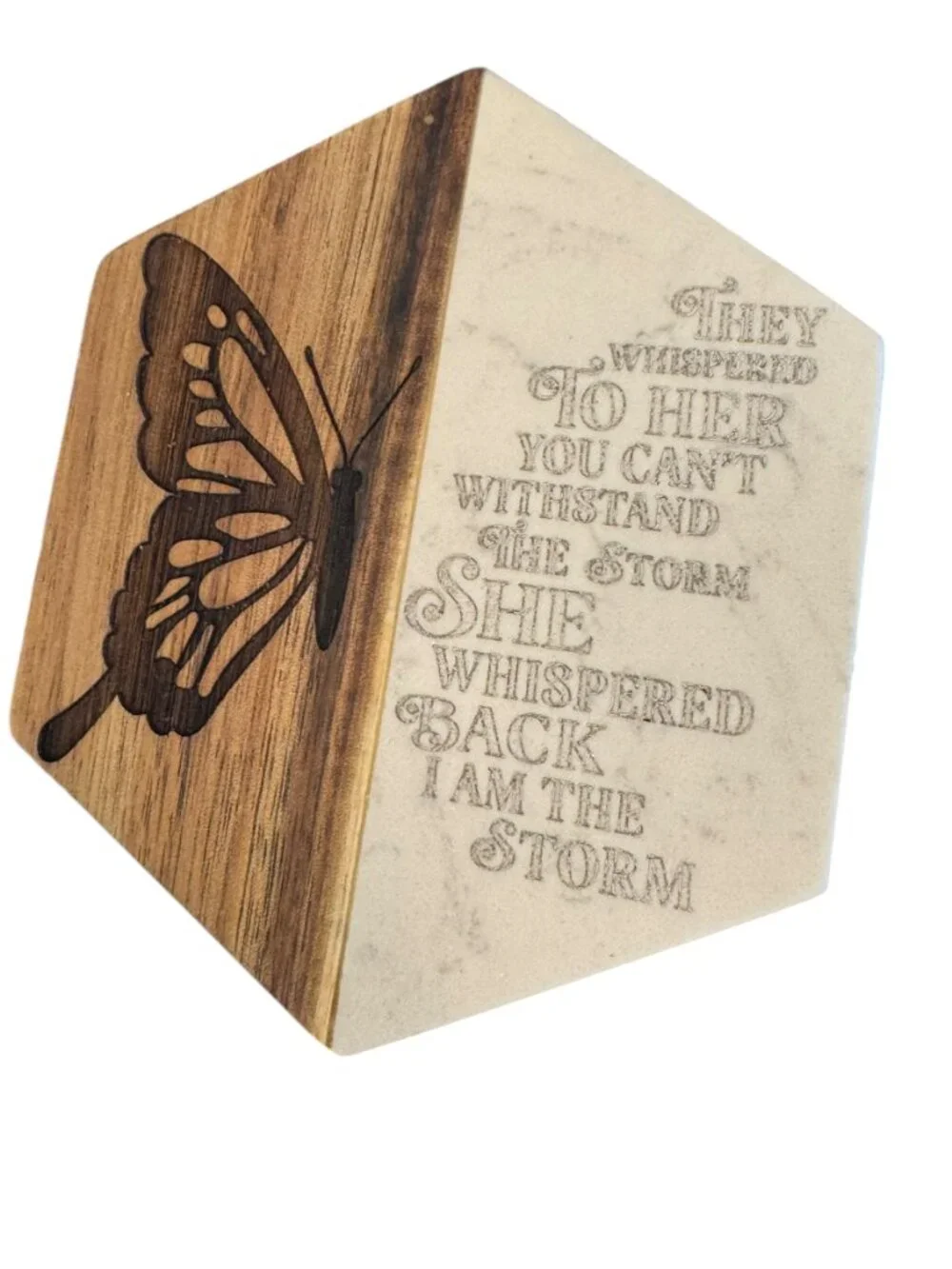 Inspirational Marble and Wood Hexagon Coaster with Butterfly Engraving